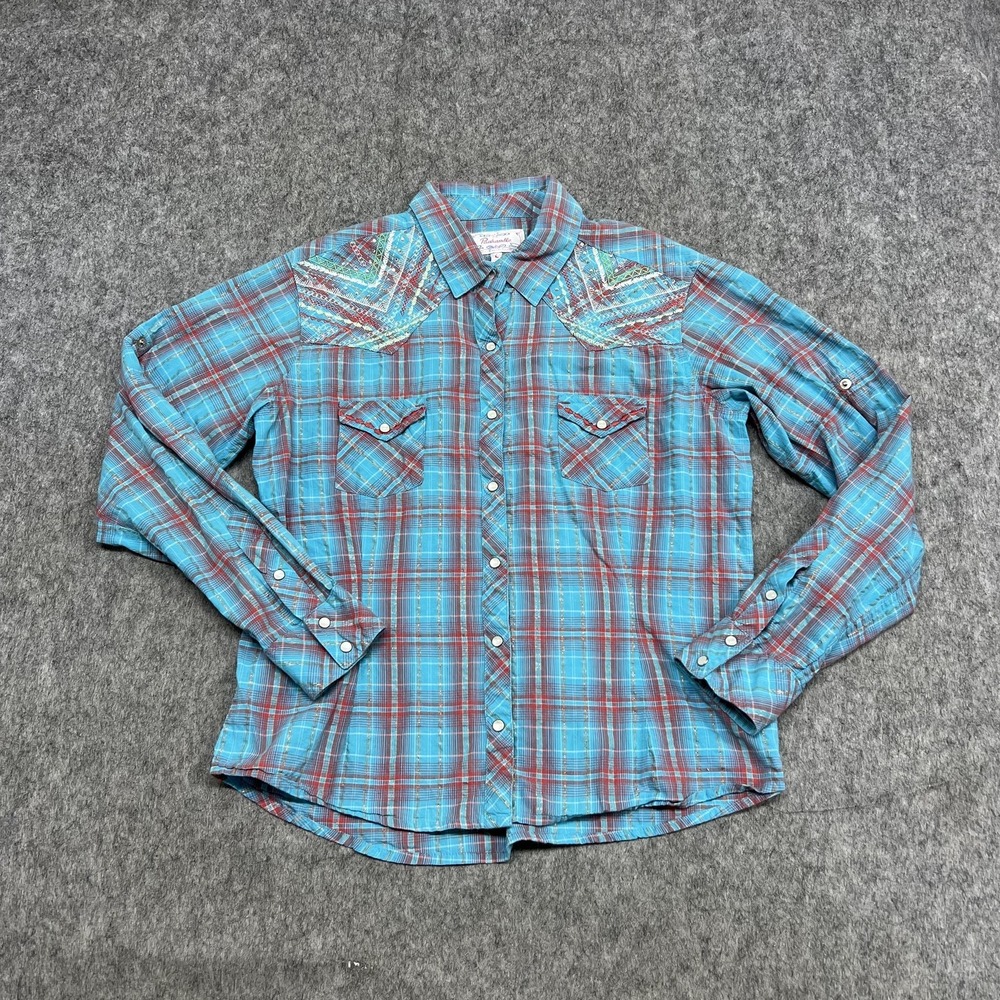 Panhandle Shirt Womens L Blue Plaid Snap Front Western Embroidered Yoke Western